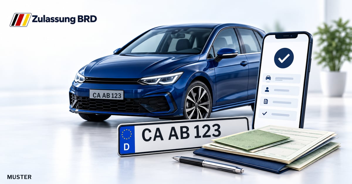Online Fahrzeugzulassung in Landkreis Oberspreewald-Lausitz: Musterkennzeichen CA AB 123, Auto und Fahrzeugpapiere und Smartphone. Illustration mit Logo von Zulassung BRD.